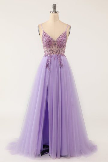 Vestido de fiesta largo de tul con cuentas morado
